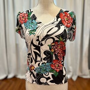 Alberto Makali beaded floral geometric beaded short sleeve tight knit blouse EUC